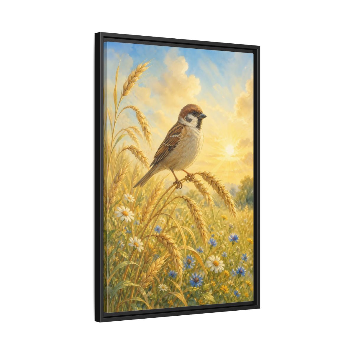 Side Mockup 14. Nature Sparrow Golden Field shown as stretched canvas wall art