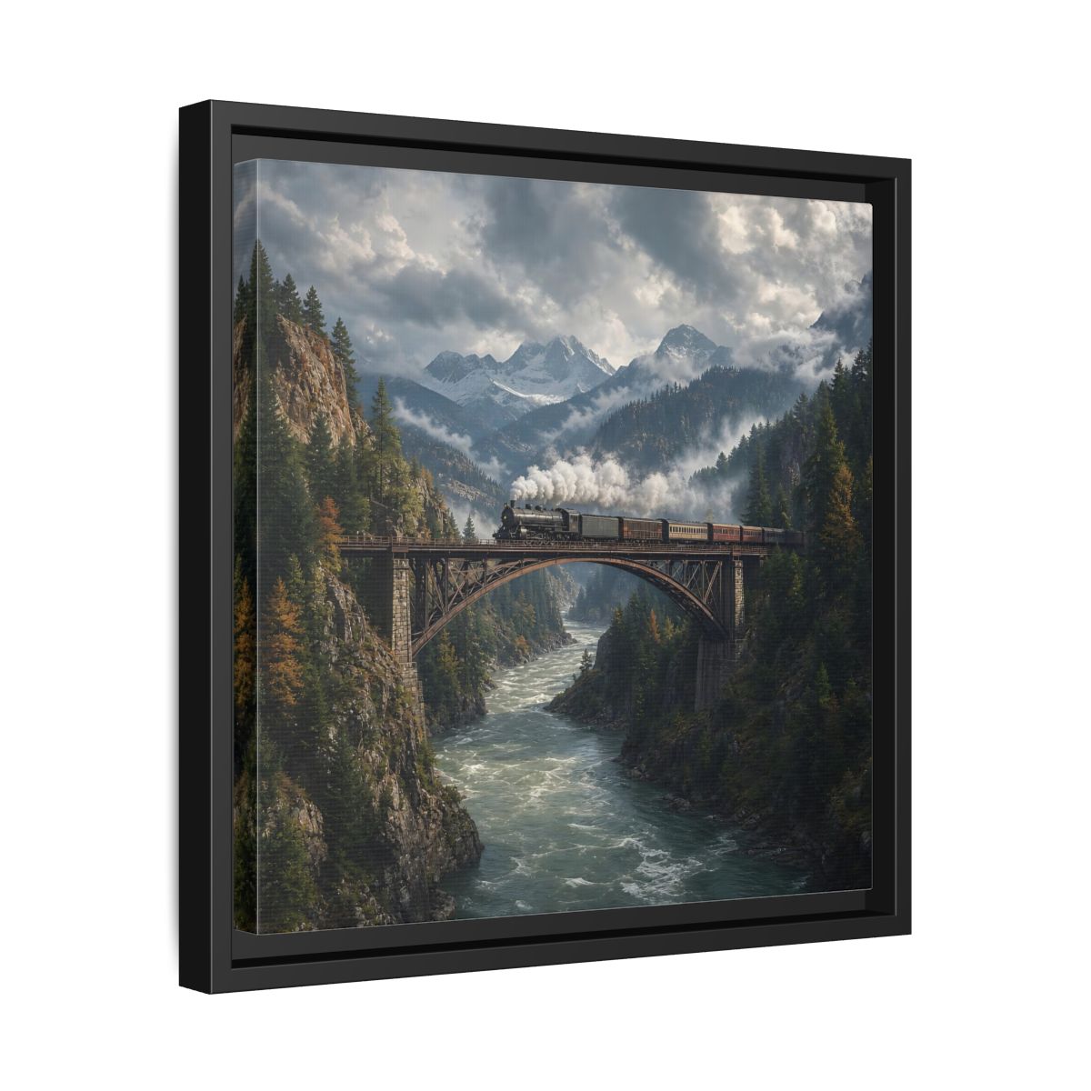 Side Mockup 32. Nature Steam Train Mountain Train shown as stretched canvas wall art