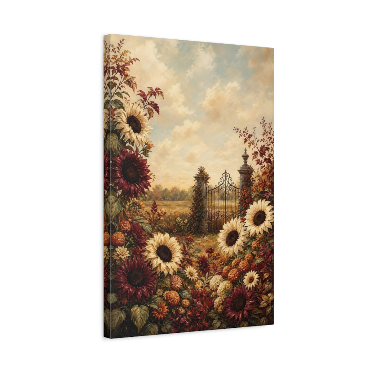 Side Mockup 3. Nature Sunflowers Warm Autumn Floral shown as stretched canvas wall art
