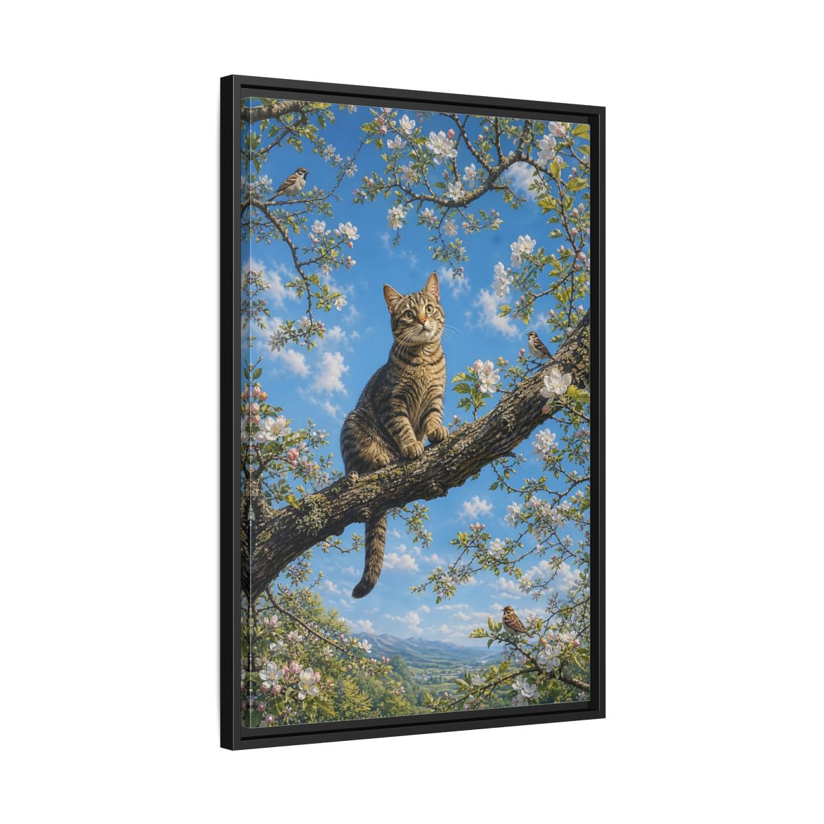 Nature Tabby Cat Spring Framed Canvas Wall Art - Realistic Living Room shown as canvas wall art