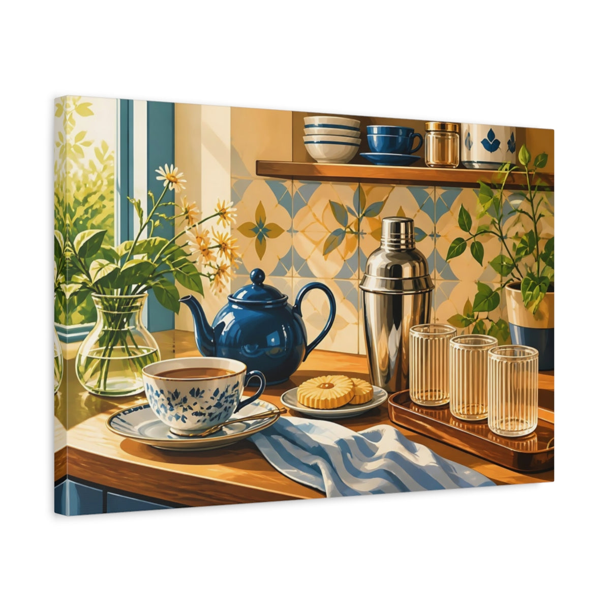 Side Mockup 3. Nature Tea Setting Blue And Gold Kitchen shown as stretched canvas wall art