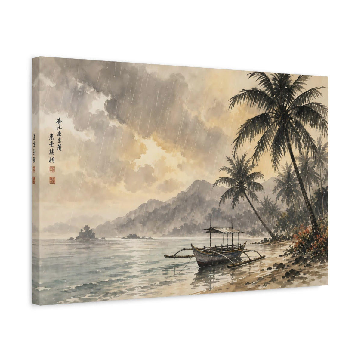 Side Mockup 3. Nature Tropical Beach Brown And Grey shown as stretched canvas wall art