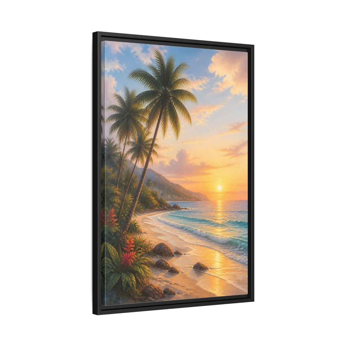Side Mockup 14. Nature Tropical Beach Tropical Sunset shown as stretched canvas wall art