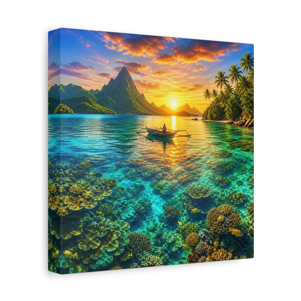 Side Mockup 9. Nature Tropical Lagoon Tropical Sunset Lagoon shown as stretched canvas wall art