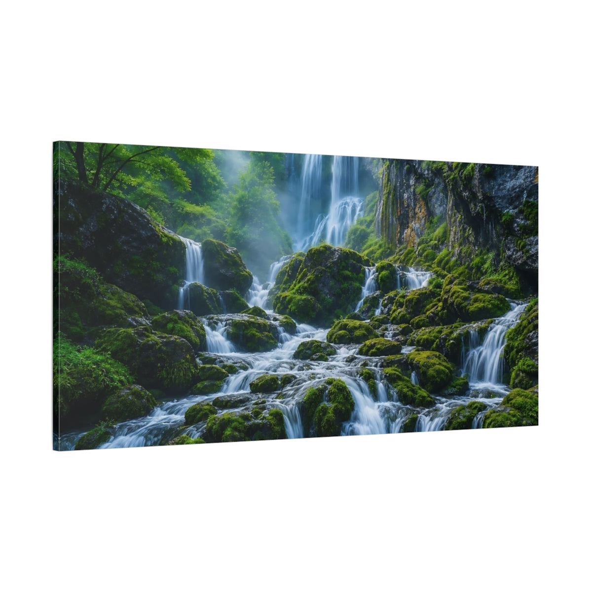 Side Mockup 2. Nature Waterfall Green And Blue shown as stretched canvas wall art