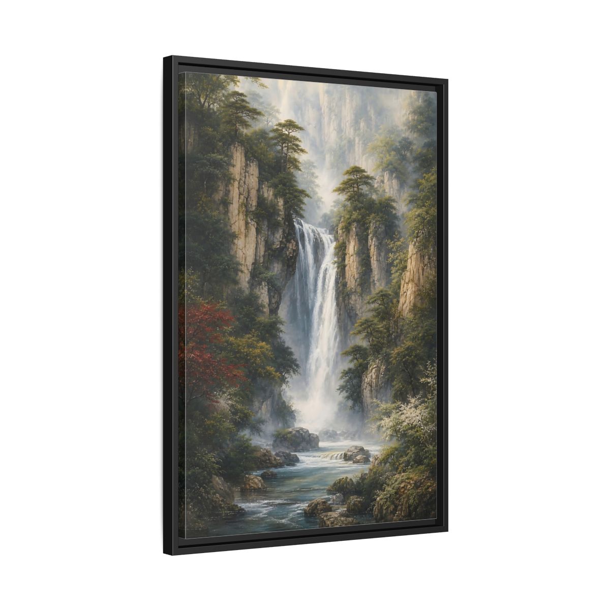 Side Mockup 14. Nature Waterfall Misty Mountain Waterfall shown as stretched canvas wall art