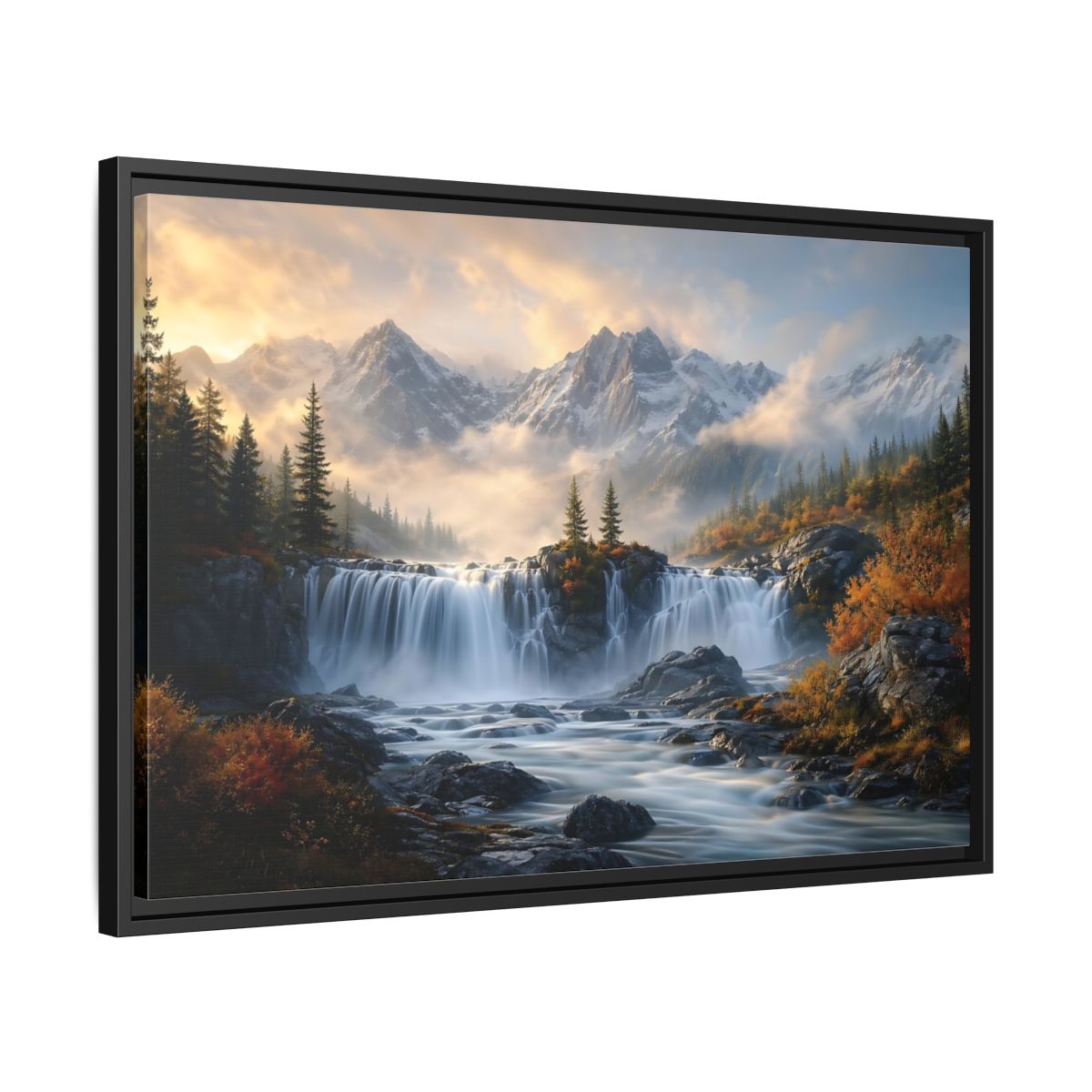 Side Mockup 14. Nature Waterfall Mountain Waterfall Autumn shown as stretched canvas wall art
