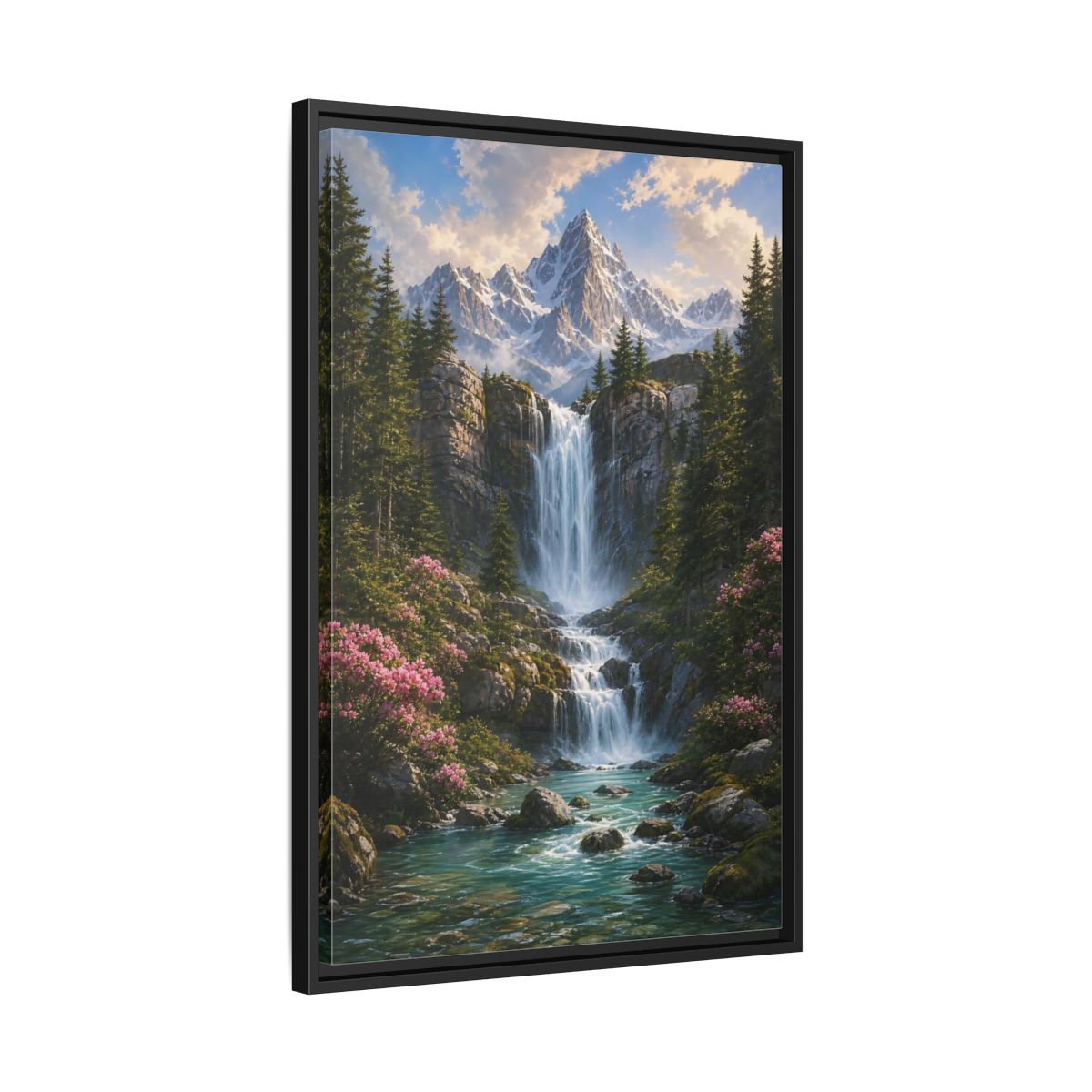 Nature Waterfall Mountains Framed Canvas Wall Art - Living Room, Above Fireplace shown as canvas wall art