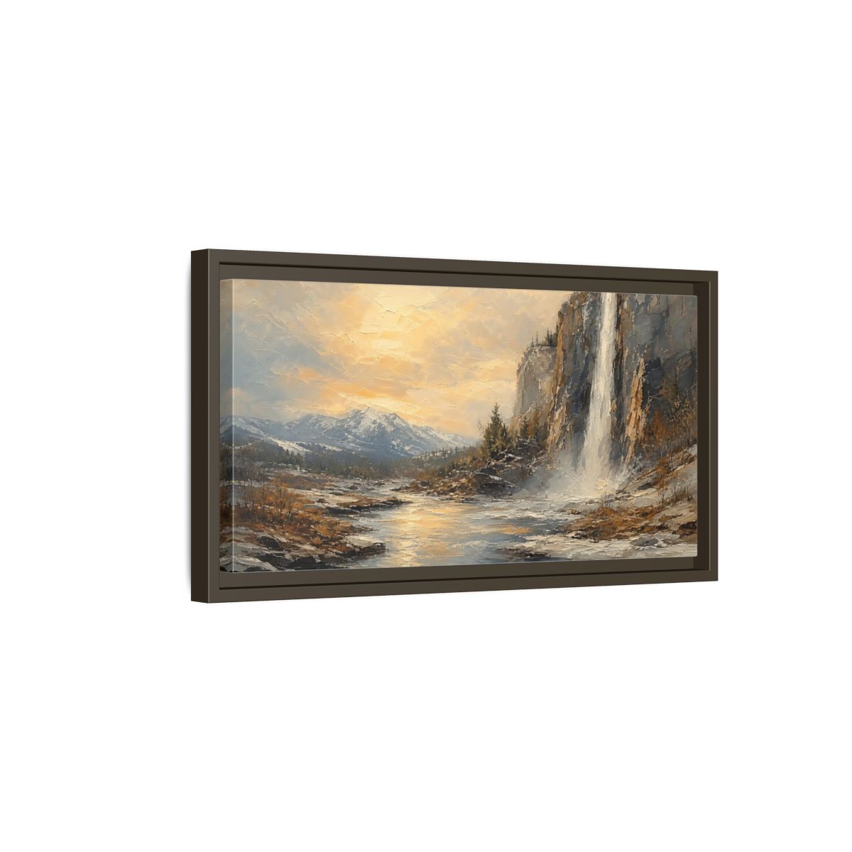 Side Mockup 7. Nature Waterfall Mountains Golden Mountain Waterfall shown as stretched canvas wall art