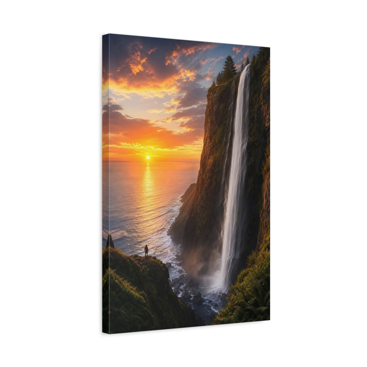 Side Mockup 3. Nature Waterfall Sunset Orange Sunset Waterfall shown as stretched canvas wall art