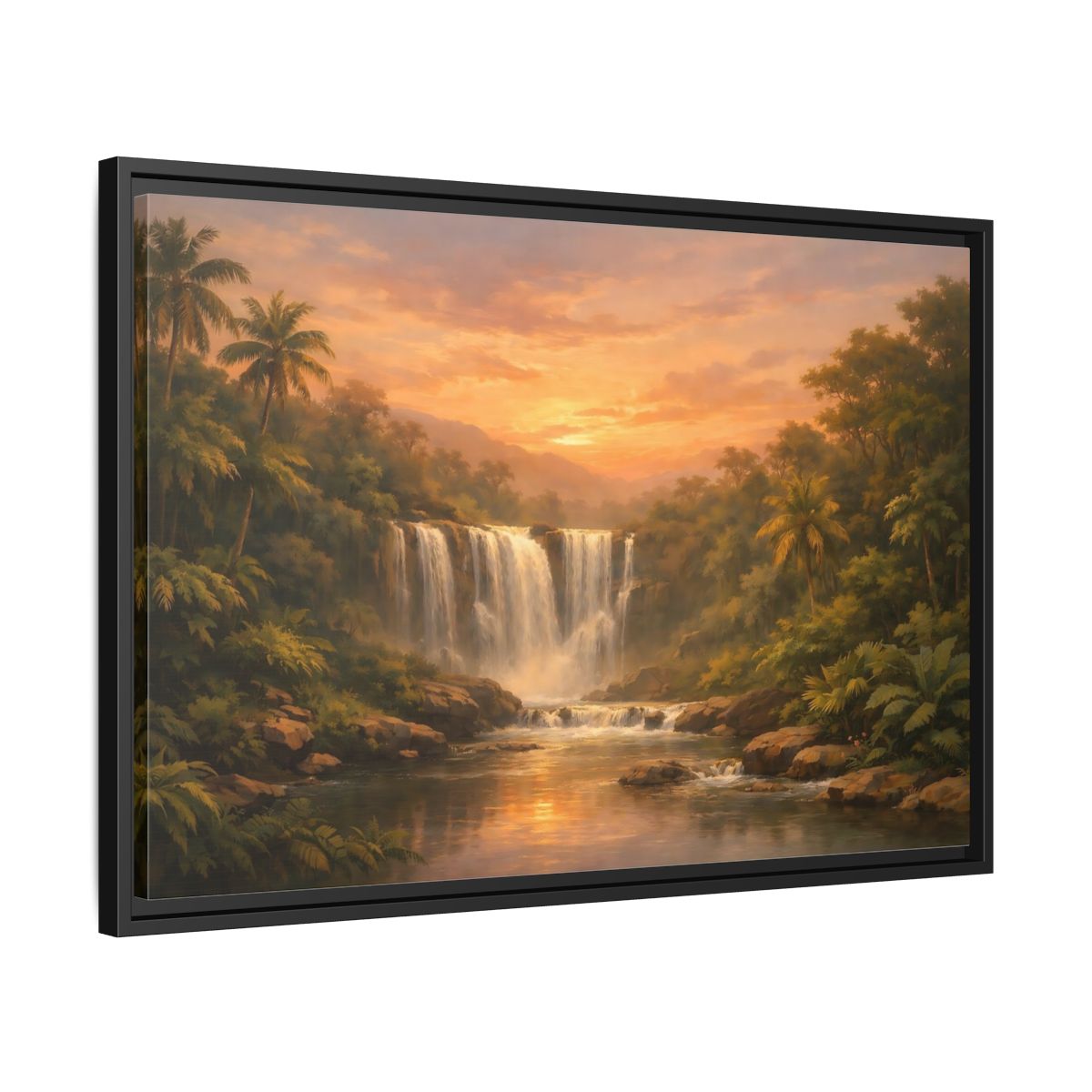 Side Mockup 14. Nature Waterfall Tropical Waterfall Sunset shown as stretched canvas wall art