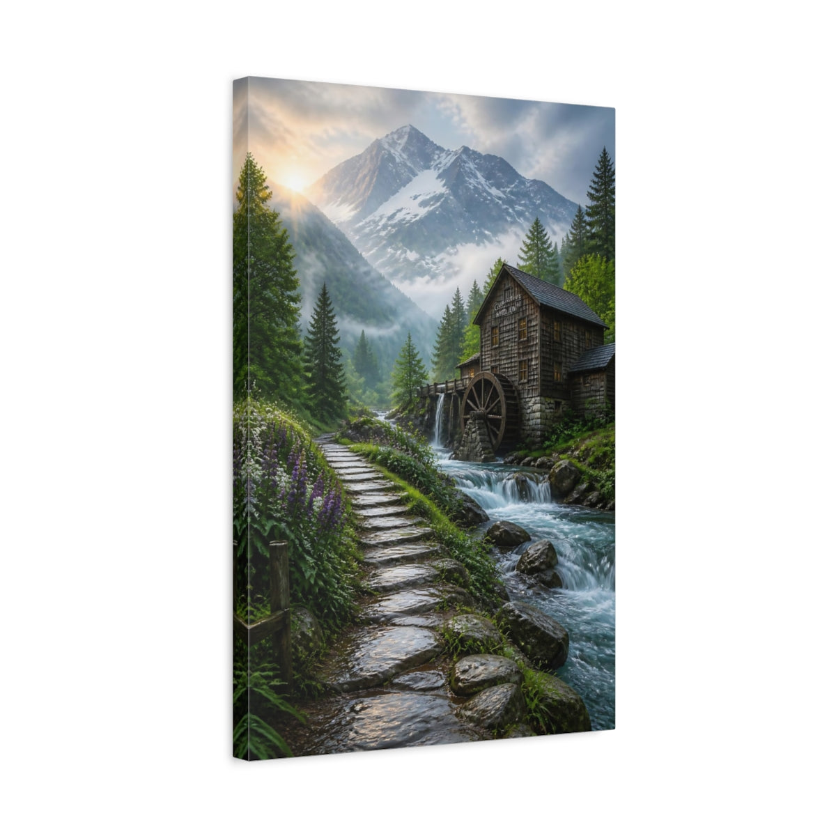 Side Mockup 3. Nature Watermill Mountain Mill Scene shown as stretched canvas wall art