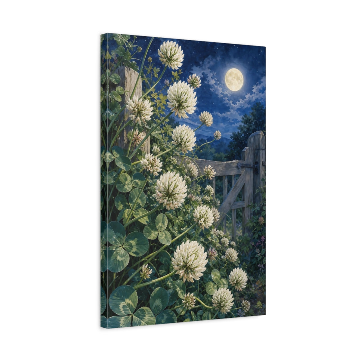Side Mockup 3. Nature White Clover White Clover Night shown as stretched canvas wall art