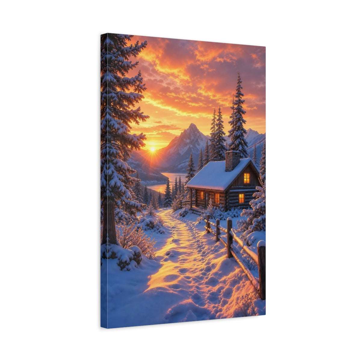 Side Mockup 3. Nature Winter Cabin Winter Sunset shown as stretched canvas wall art