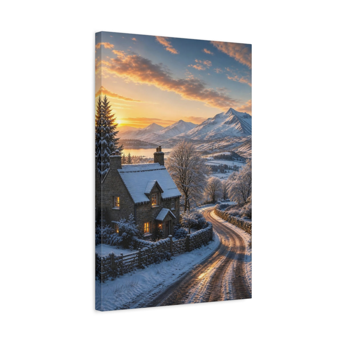 Side Mockup 3. Nature Winter Cottage Snowy Cottage Sunset shown as stretched canvas wall art