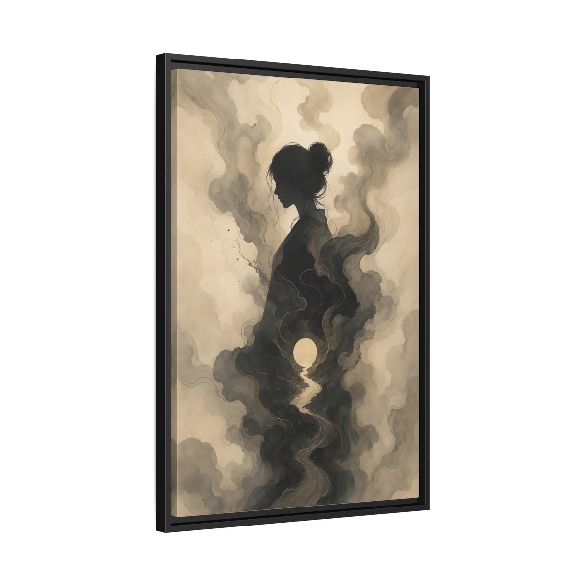Side Mockup 14. Nature Woman Silhouette Sepia And Grey shown as stretched canvas wall art