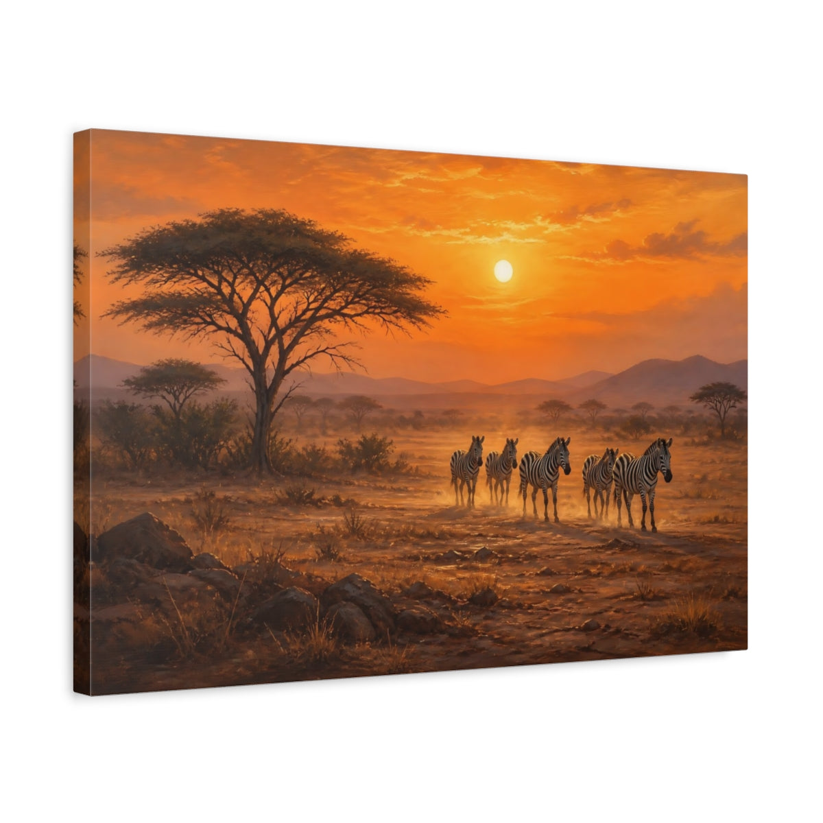 Side Mockup 3. Nature Zebras African Sunset shown as stretched canvas wall art