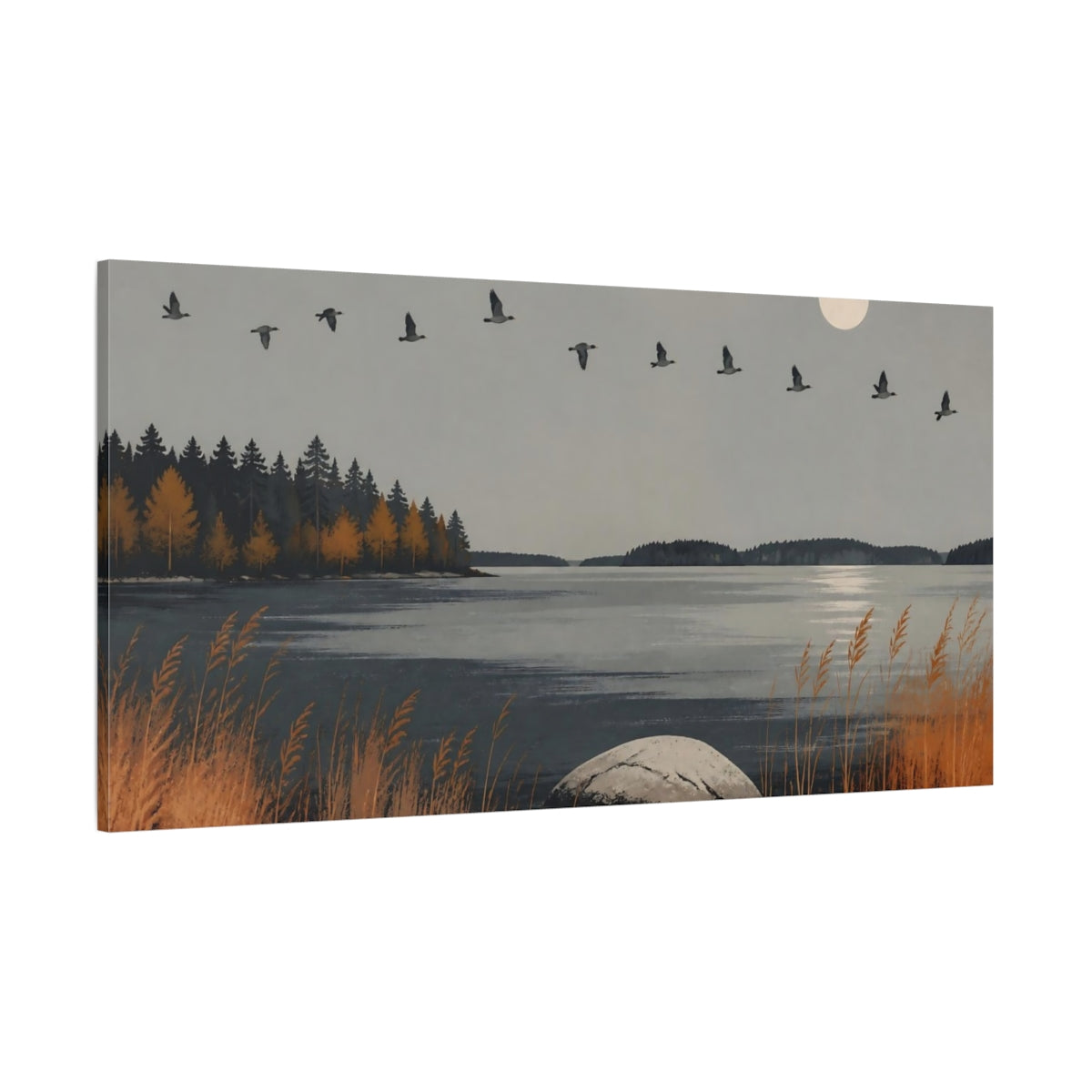 Side Mockup 2. Nordic Autumn Lake shown as canvas print