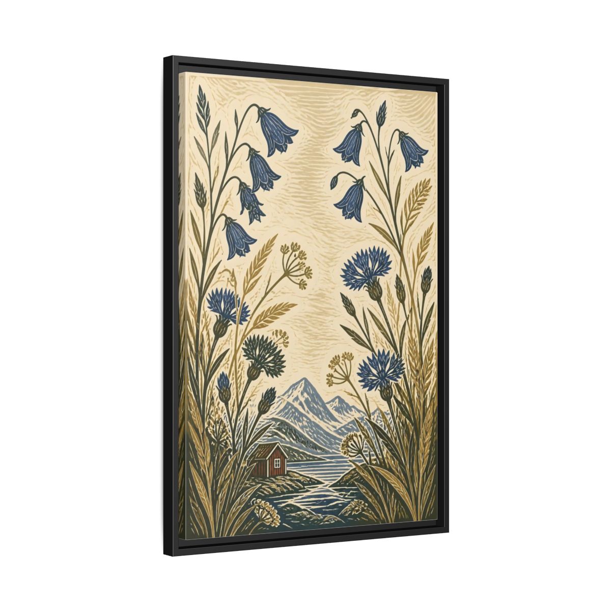 Side Mockup 14. Nordic Harebells & Fjord Cabin shown as framed canvas print