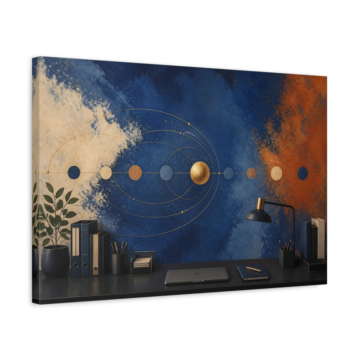 Side Mockup 3. Office Gold Planet shown as canvas print