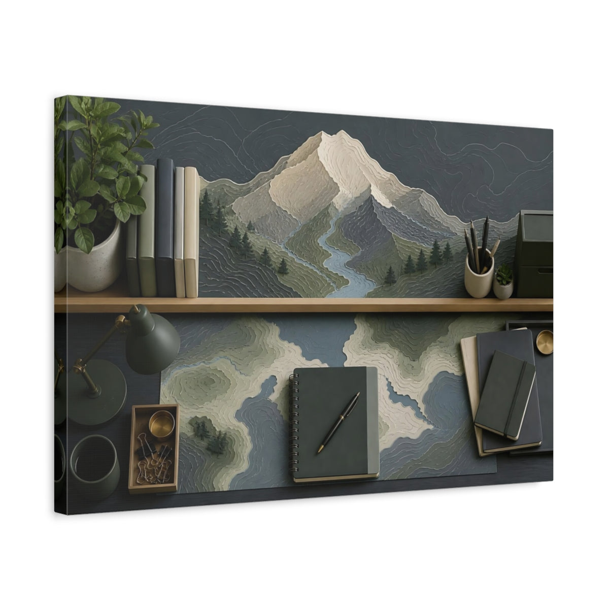 Side Mockup 3. Office Mountain Topography shown as canvas print