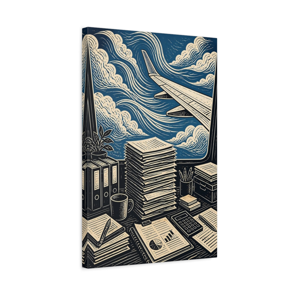 Side Mockup 3. Office View: Airplane Wing shown as canvas print