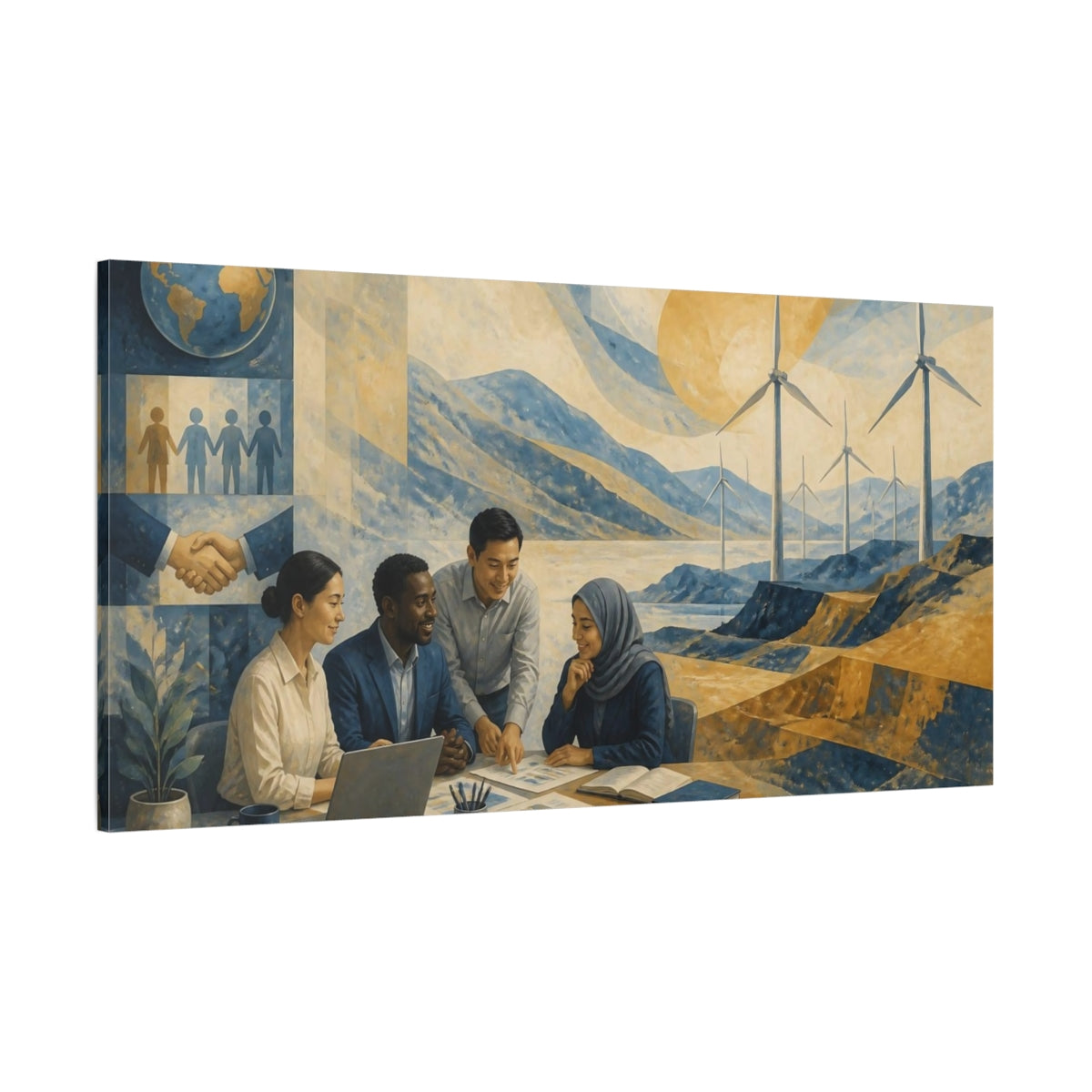 Side Mockup 2. Office Wind Turbines Mural shown as canvas print