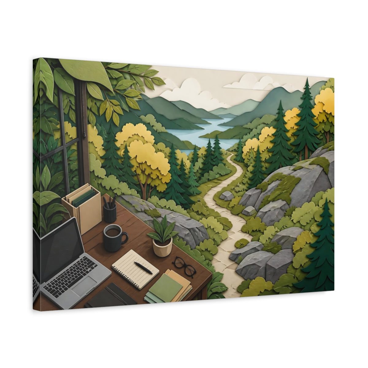 Side Mockup 3. Office Window Trail View shown as canvas print