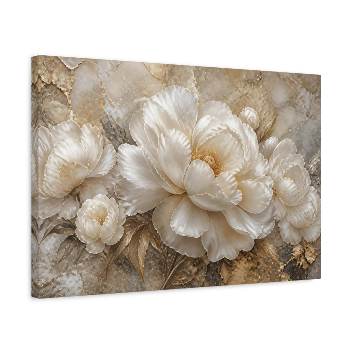 Side Mockup 3. Opulent White Peonies shown as canvas print
