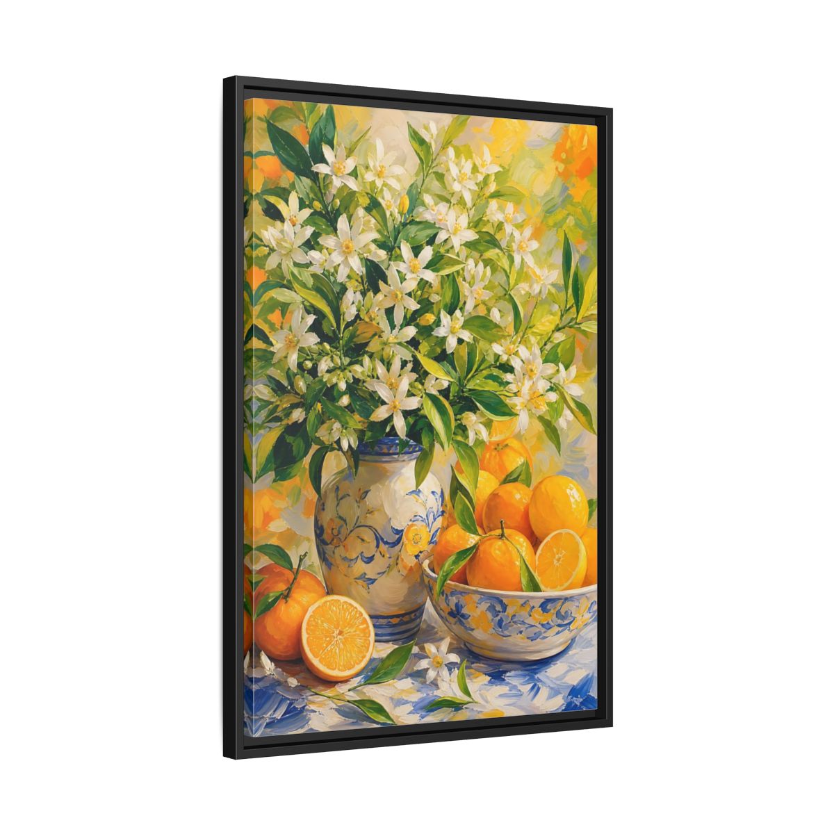 Side Mockup 14. Orange Blossom Still Life shown as framed canvas print