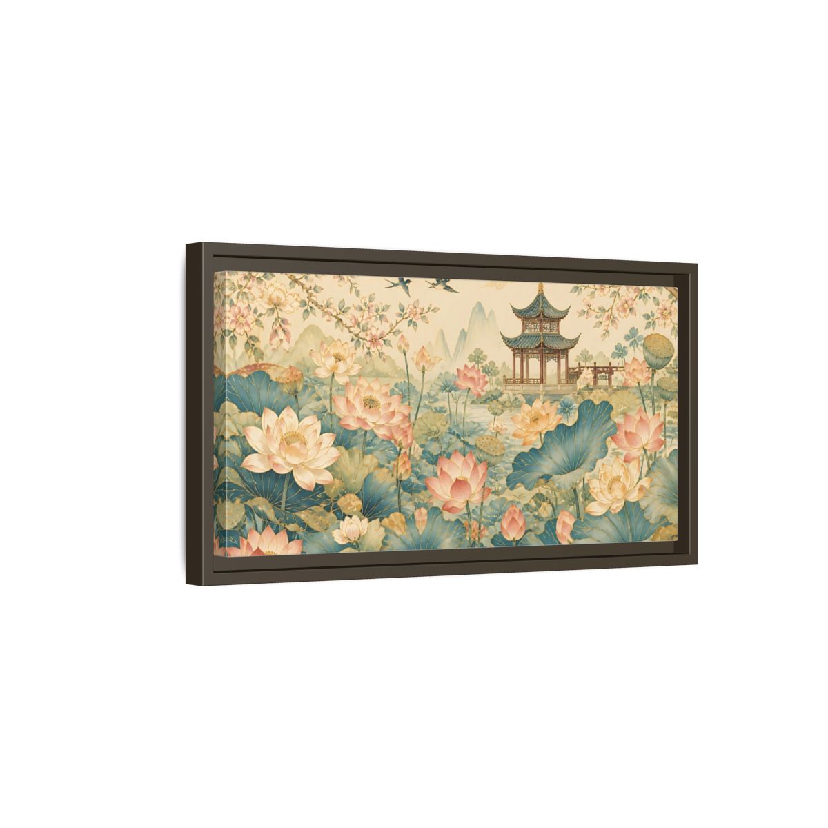 Side Mockup 7. Pagoda In Lotus Garden shown as framed canvas print