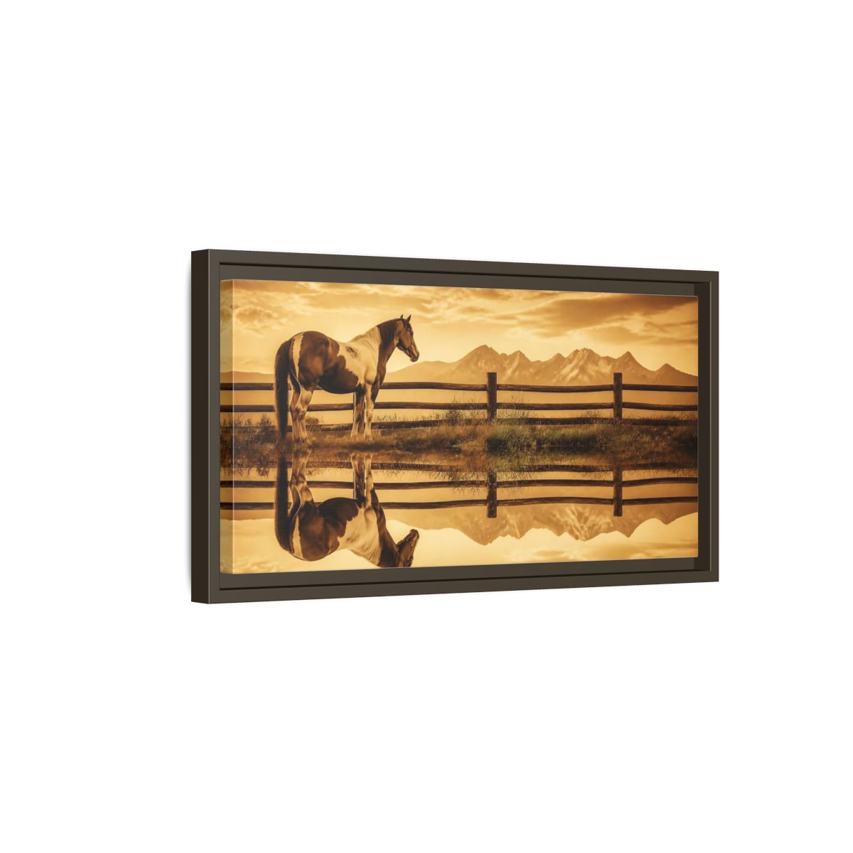 Side Mockup 7. Paint Horse Animals In Sepia shown as framed canvas print
