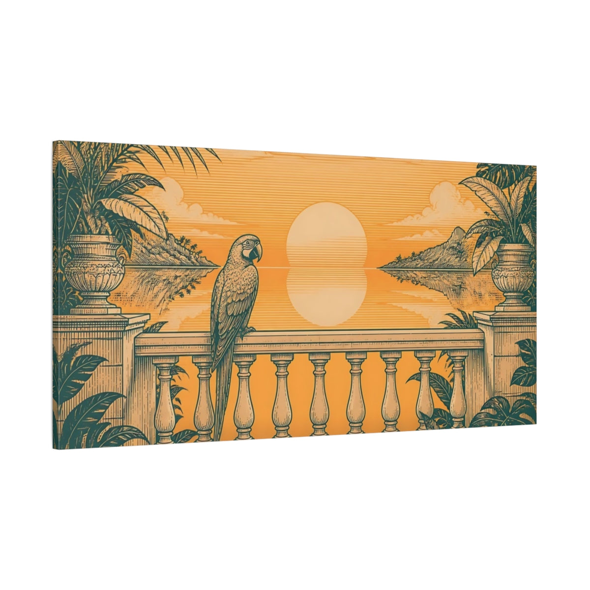 Side Mockup 2. Parrot On Tropical Balcony shown as canvas print