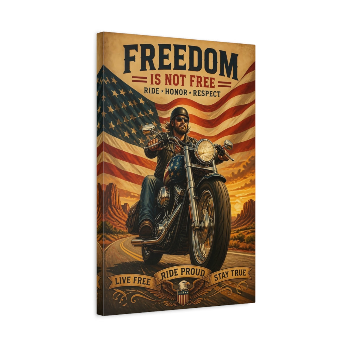 Side Mockup 3. Patriotic Motorcycle Rider shown as canvas print