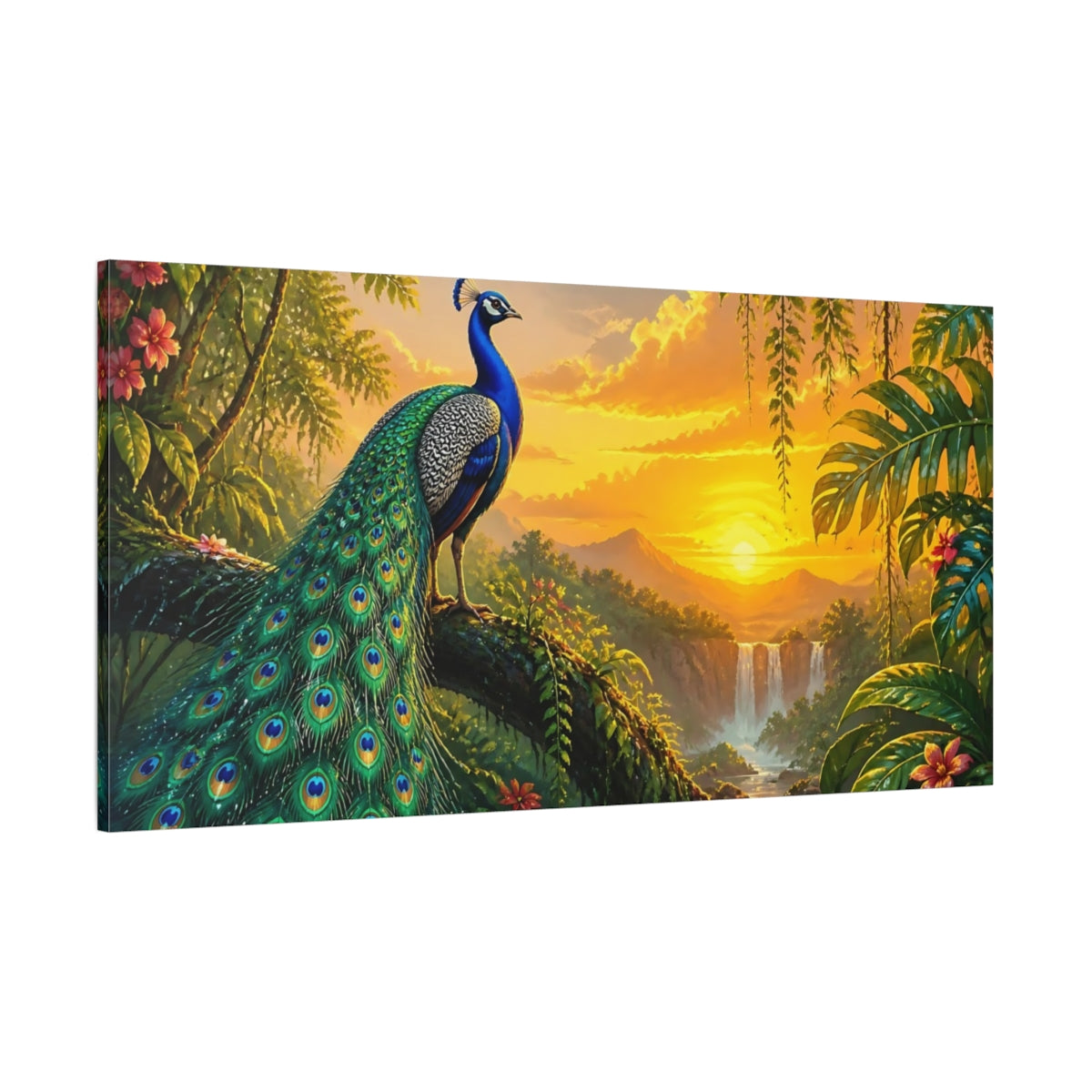 Side Mockup 2. Peacock At Golden Sunset shown as canvas print