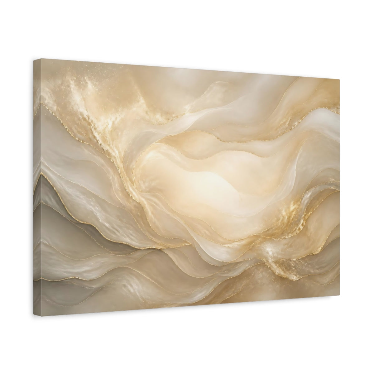 Side Mockup 3. Pearl Cream Gold Waves shown as canvas print