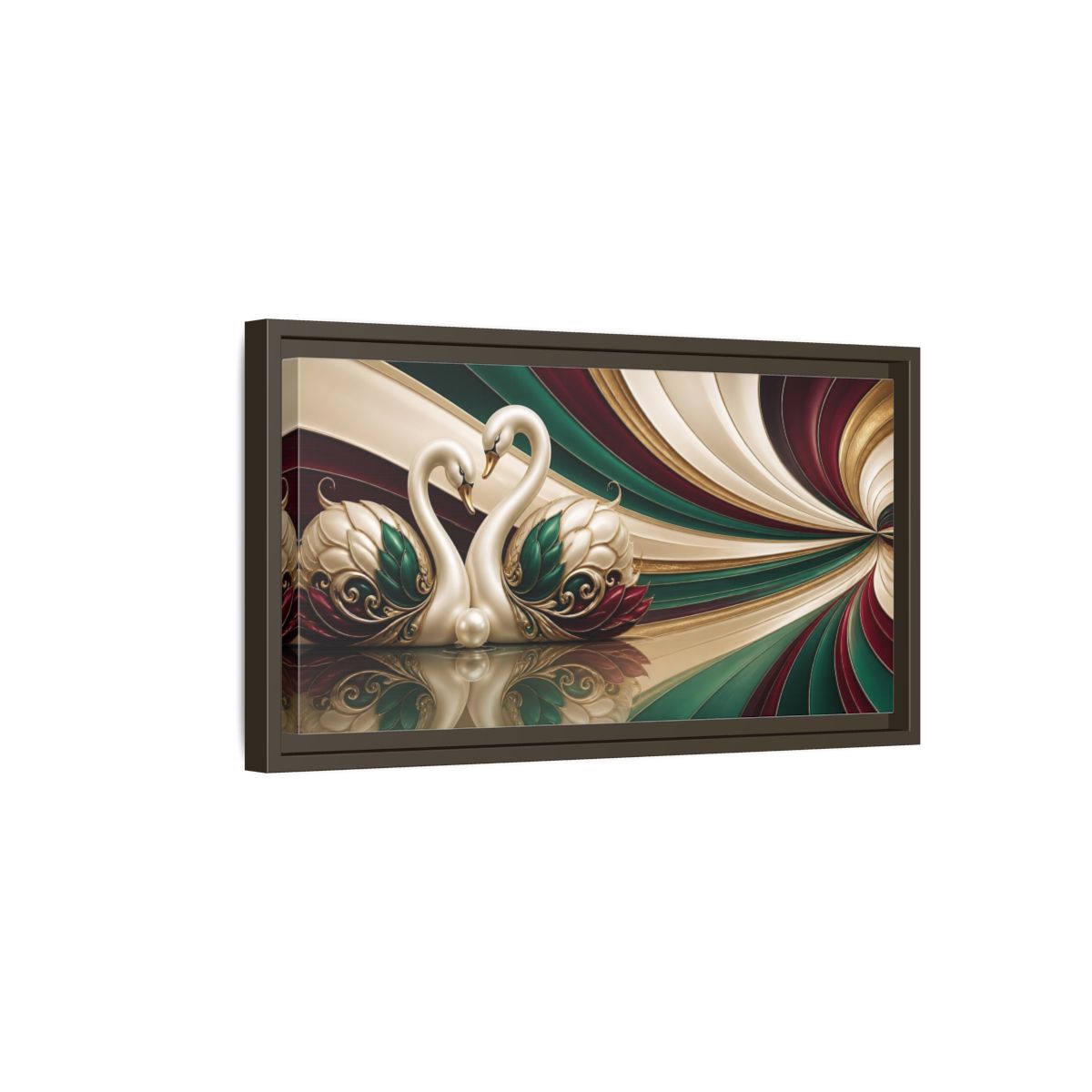 Side Mockup 7. Pearl Swans Embrace shown as framed canvas print