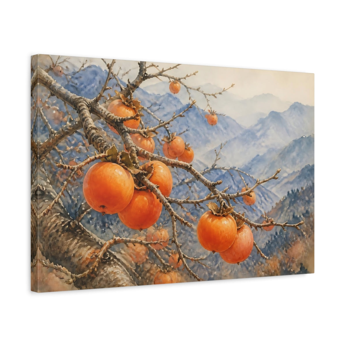 Side Mockup 3. Persimmon Branch In Mountains shown as canvas print