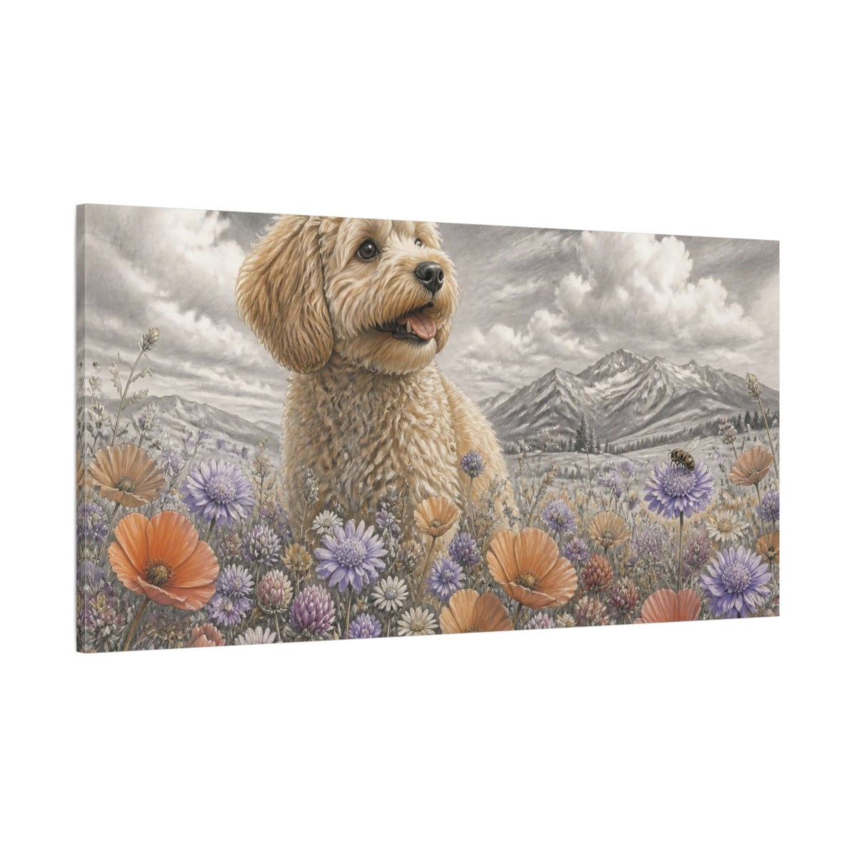 Side Mockup 2. Pet Cavoodle In Meadow shown as canvas print