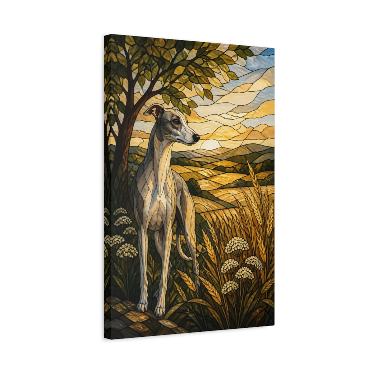 Side Mockup 3. Pet Whippet In Wheat shown as canvas print