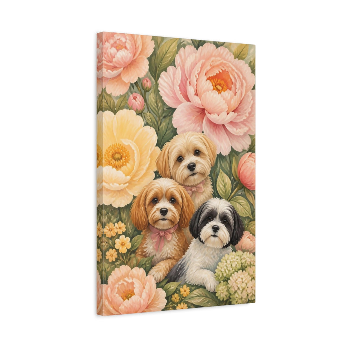 Side Mockup 3. Pets And Peony Puppies shown as canvas print