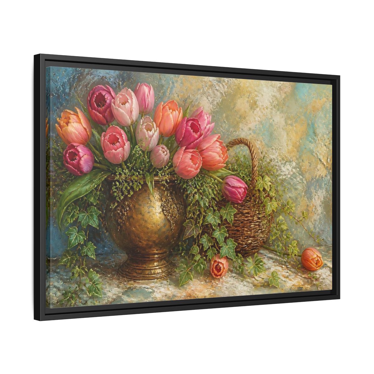 Side Mockup 14. Pink Tulip & Ivy Bouquet shown as framed canvas print