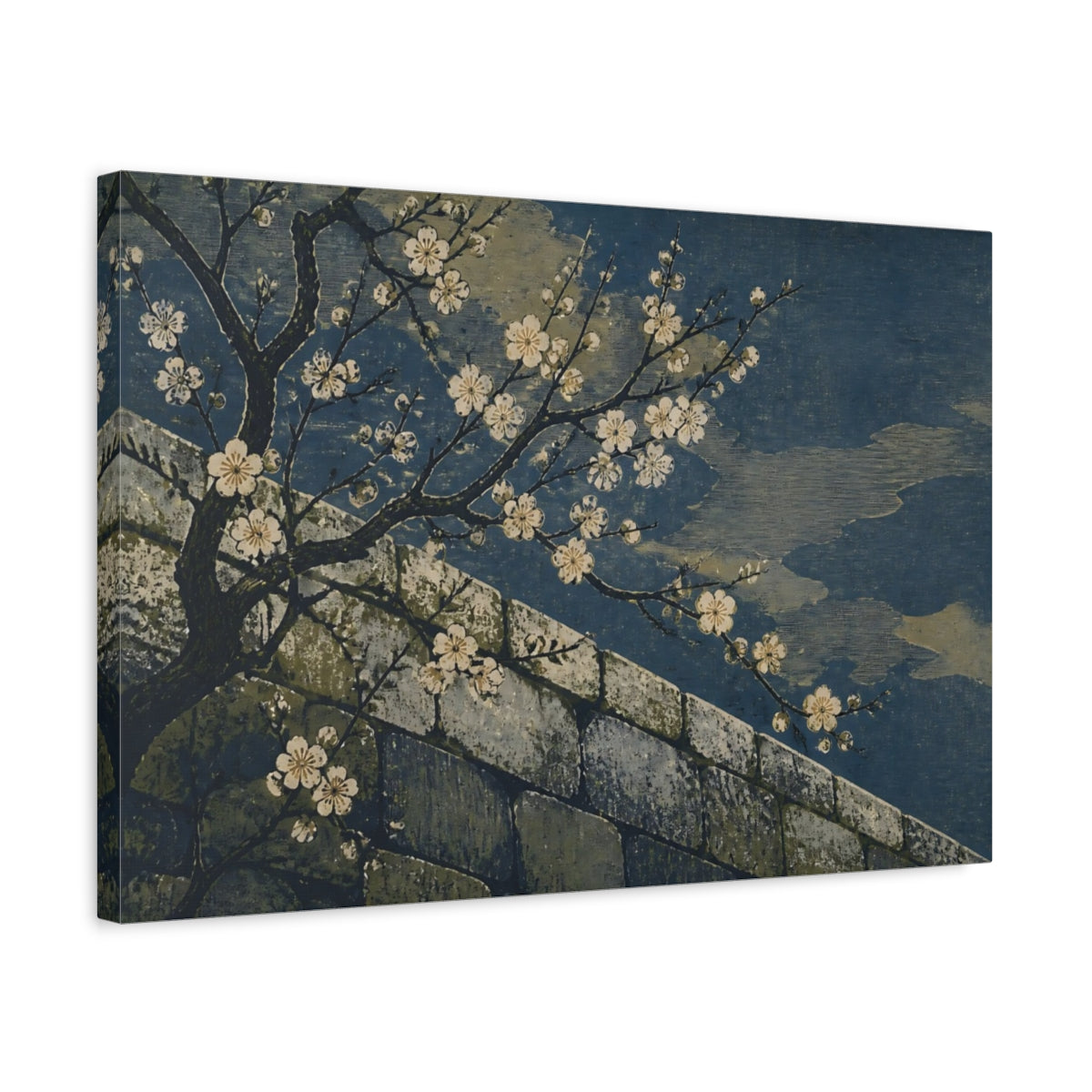 Side Mockup 3. Plum Blossoms Over Stone Wall shown as canvas print