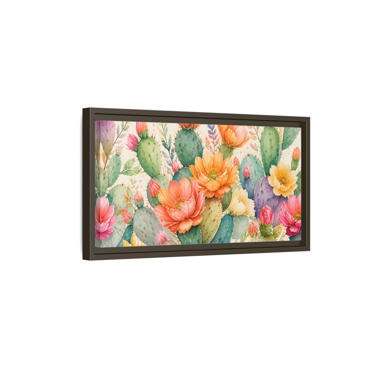 Side Mockup 7. Prickly Pear Cactus Blooms shown as framed canvas print