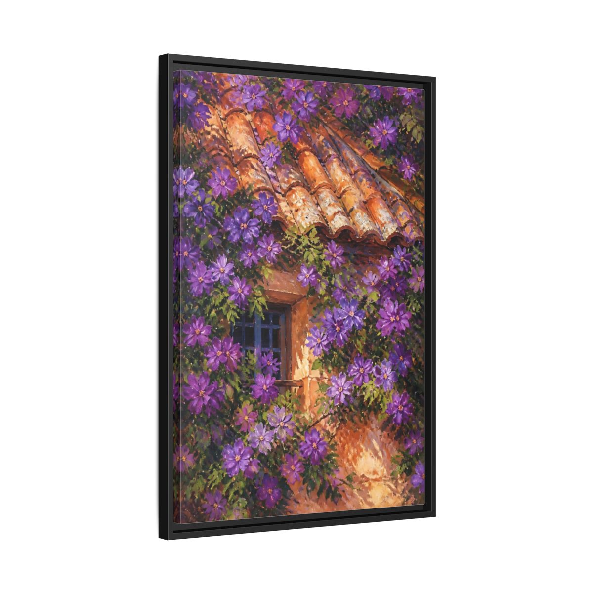 Side Mockup 14. Purple Cottage Vines shown as framed canvas print