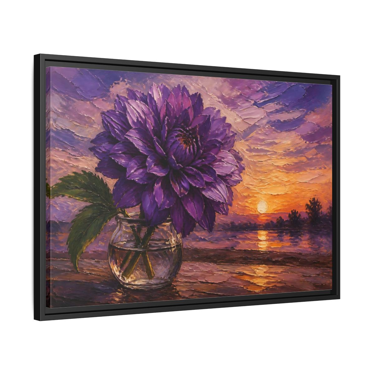 Side Mockup 14. Purple Dahlia Flower At Dusk shown as framed canvas print