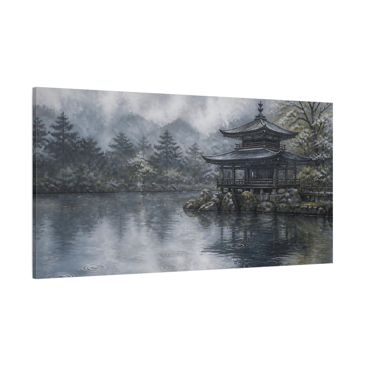 Side Mockup 2. Rain Rings At Temple Pond shown as canvas print