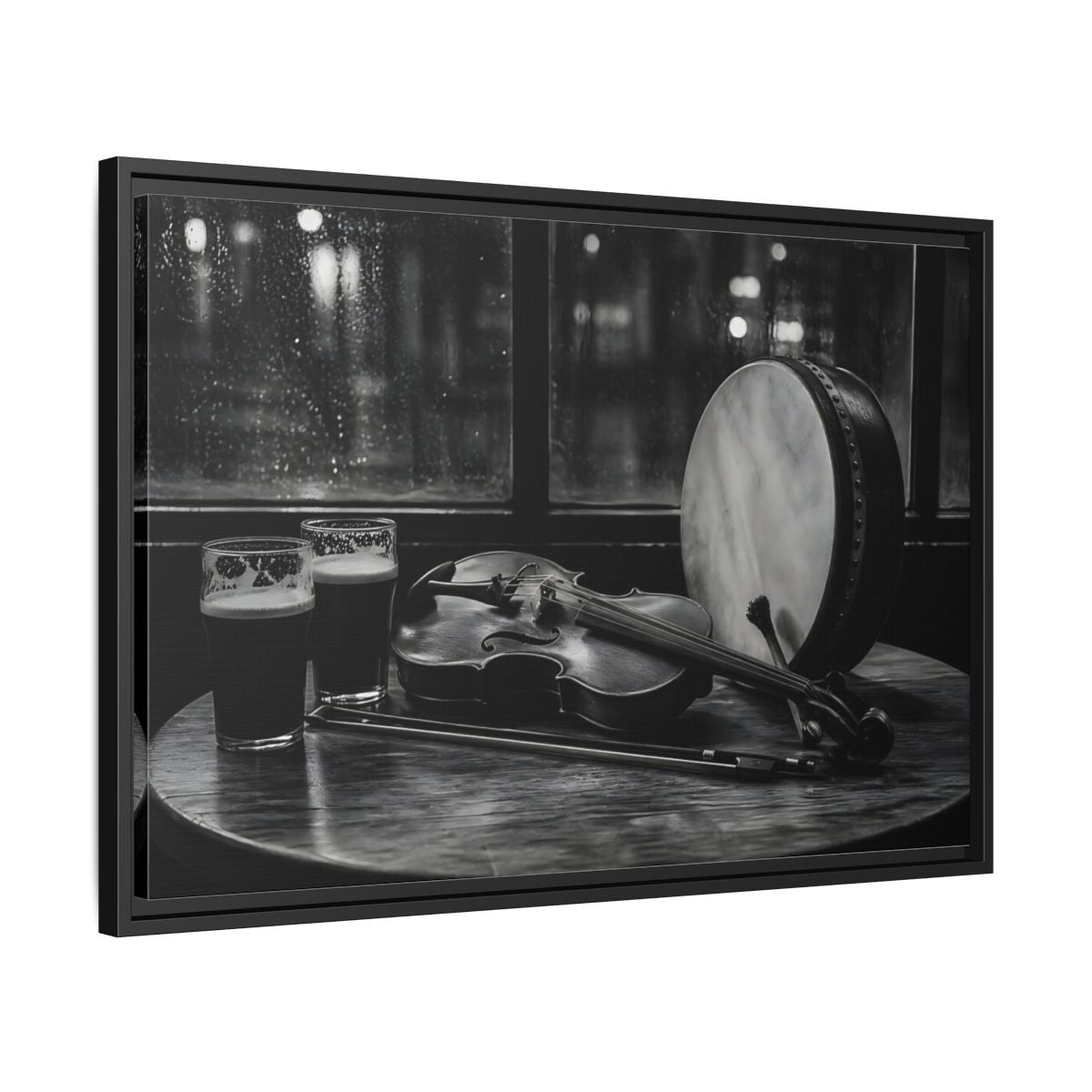 Side Mockup 14. Rainy Night Fiddle Session shown as framed canvas print