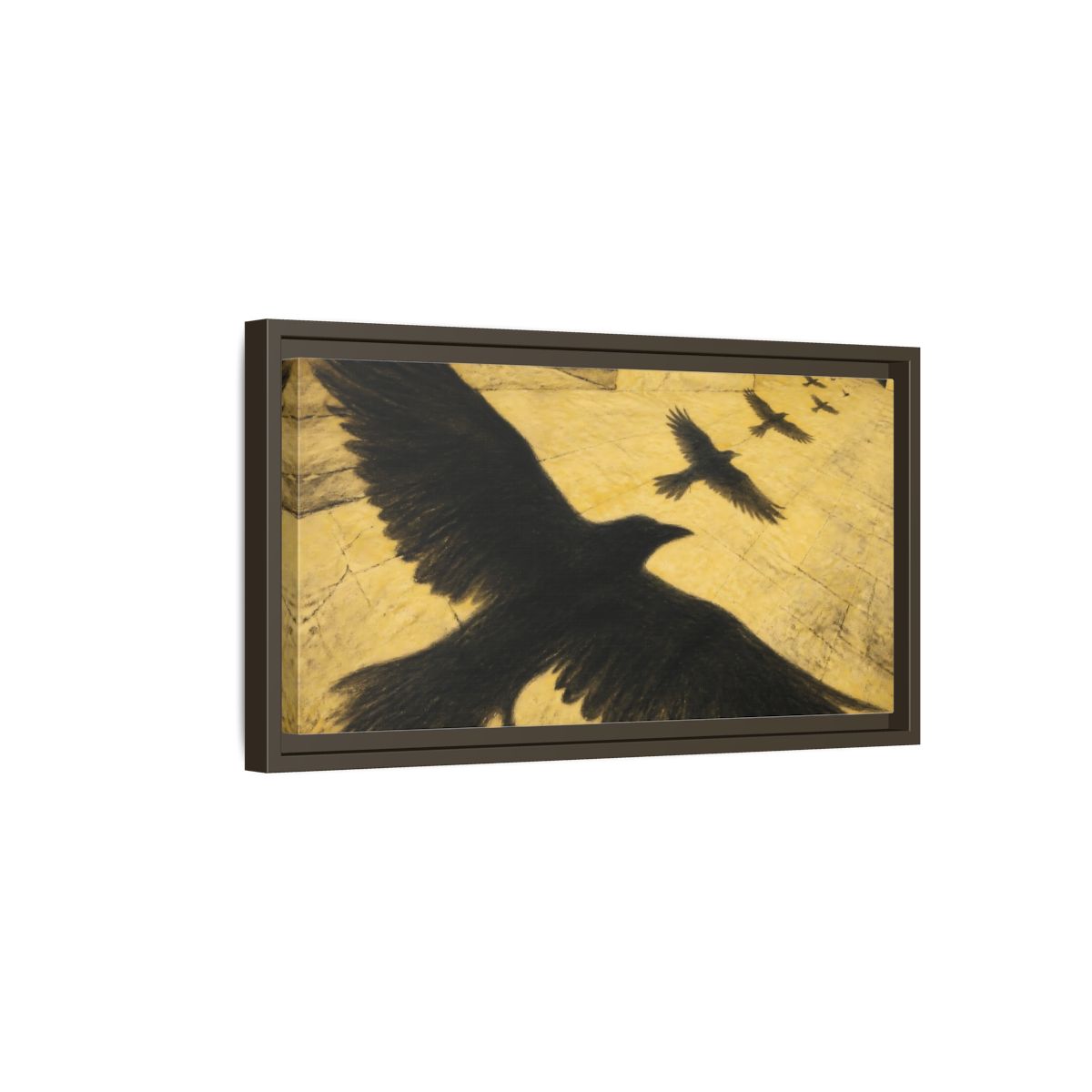 Side Mockup 7. Raven Shadows Over Courtyard shown as framed canvas print