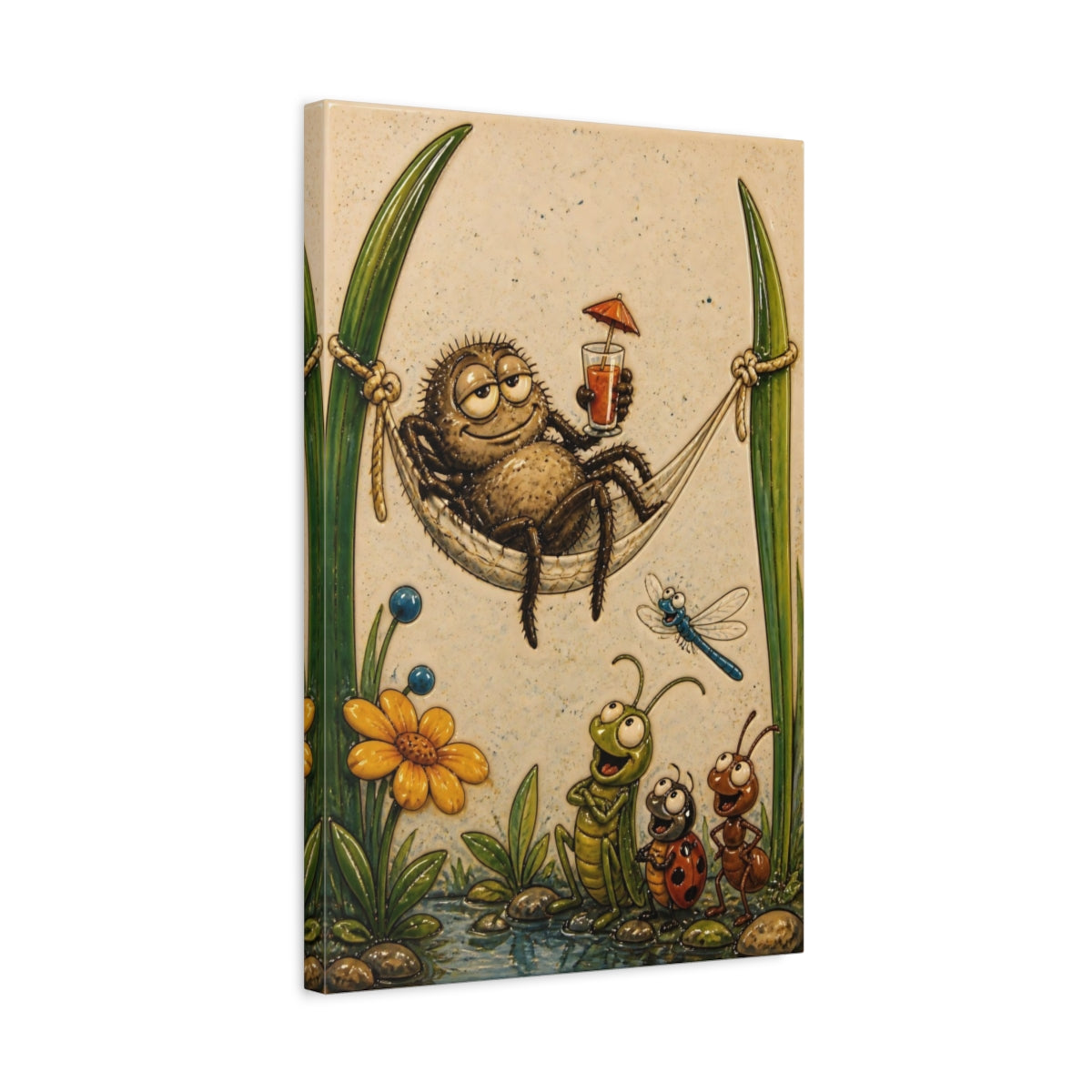 Side Mockup 3. Relaxing Spider In Hammock shown as canvas print
